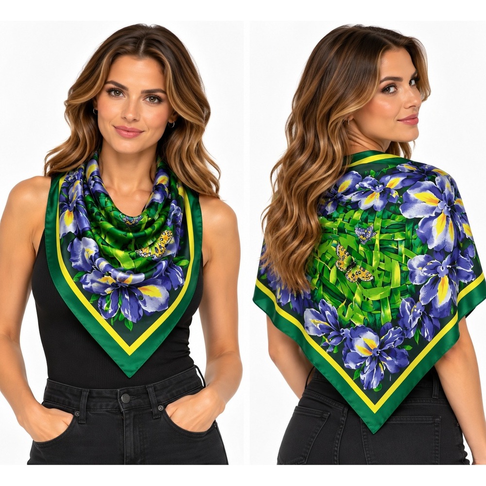Michael Mims Kathy Cole Silk Scarf Purple Iris Butterfly Floral Green Square 34"